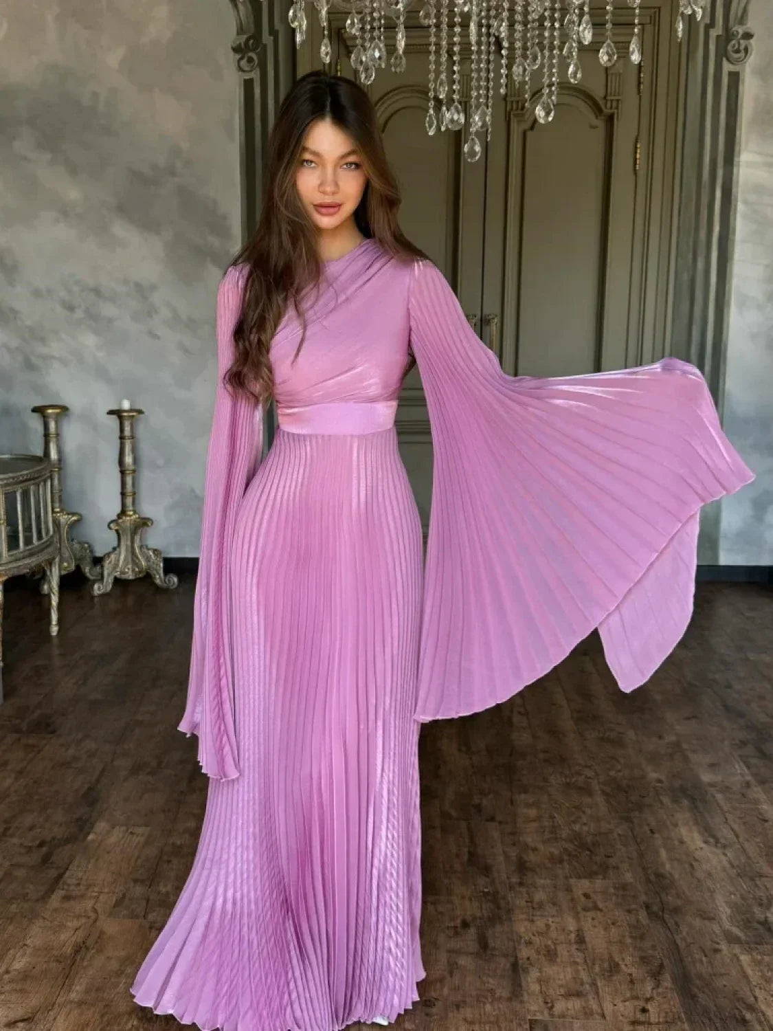 O Neck Batwing Sleeve Pleated Long Dress Women Rose Party