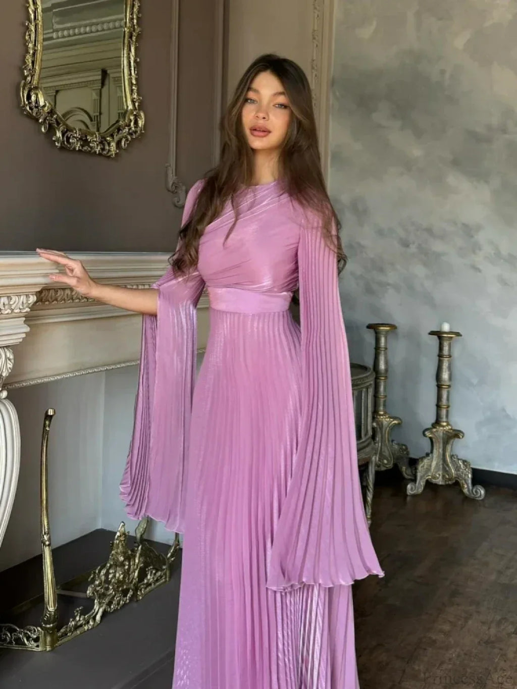O Neck Batwing Sleeve Pleated Long Dress Women Rose Party
