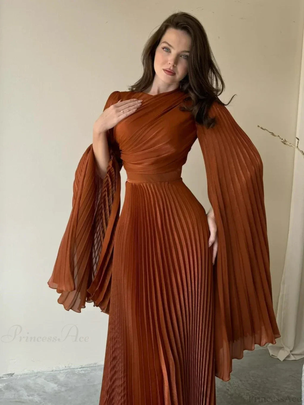 O Neck Batwing Sleeve Pleated Long Dress Women Rose Party