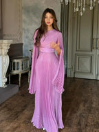 O Neck Batwing Sleeve Pleated Long Dress Women Rose Party