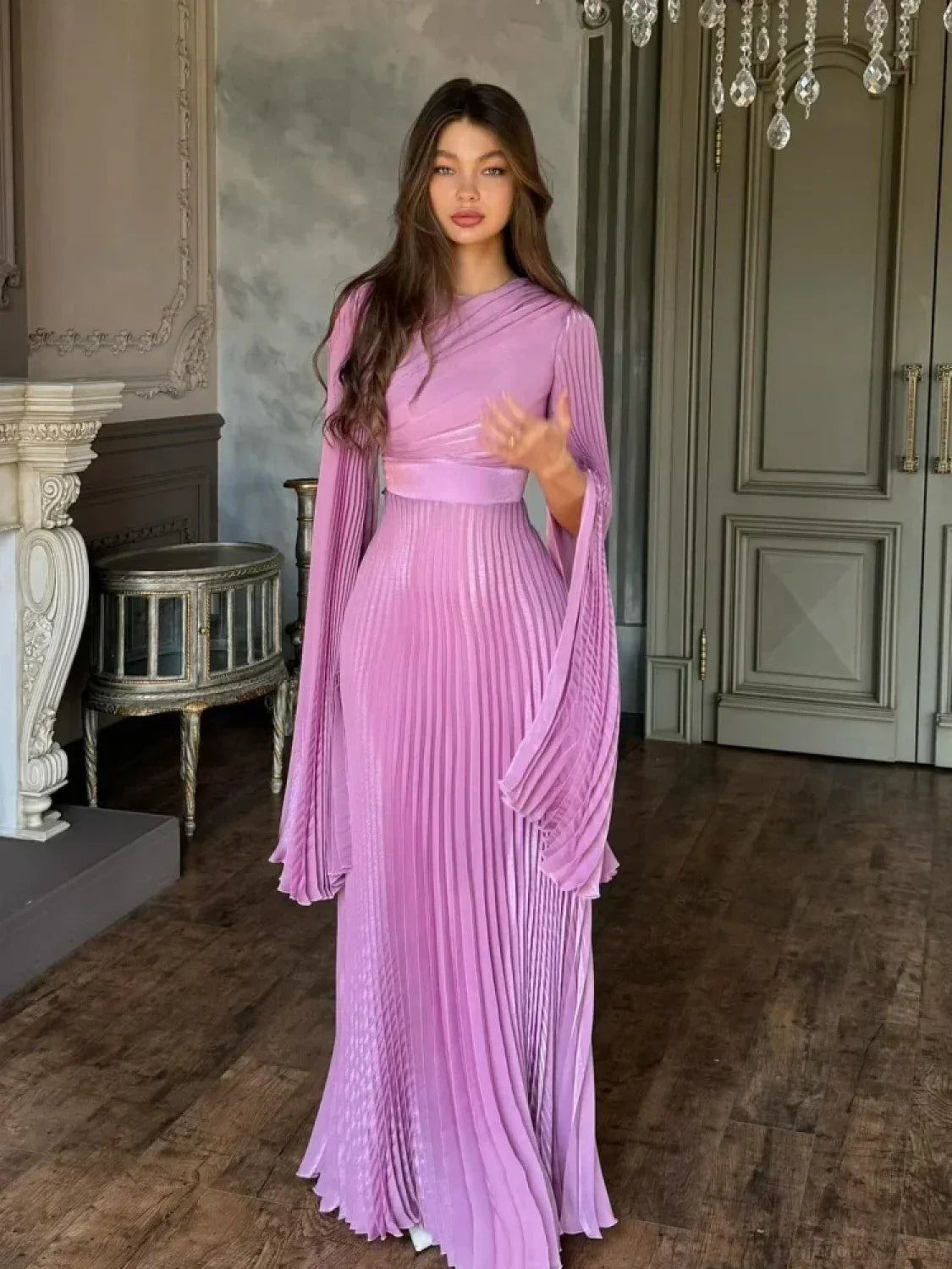 O Neck Batwing Sleeve Pleated Long Dress Women Rose Party