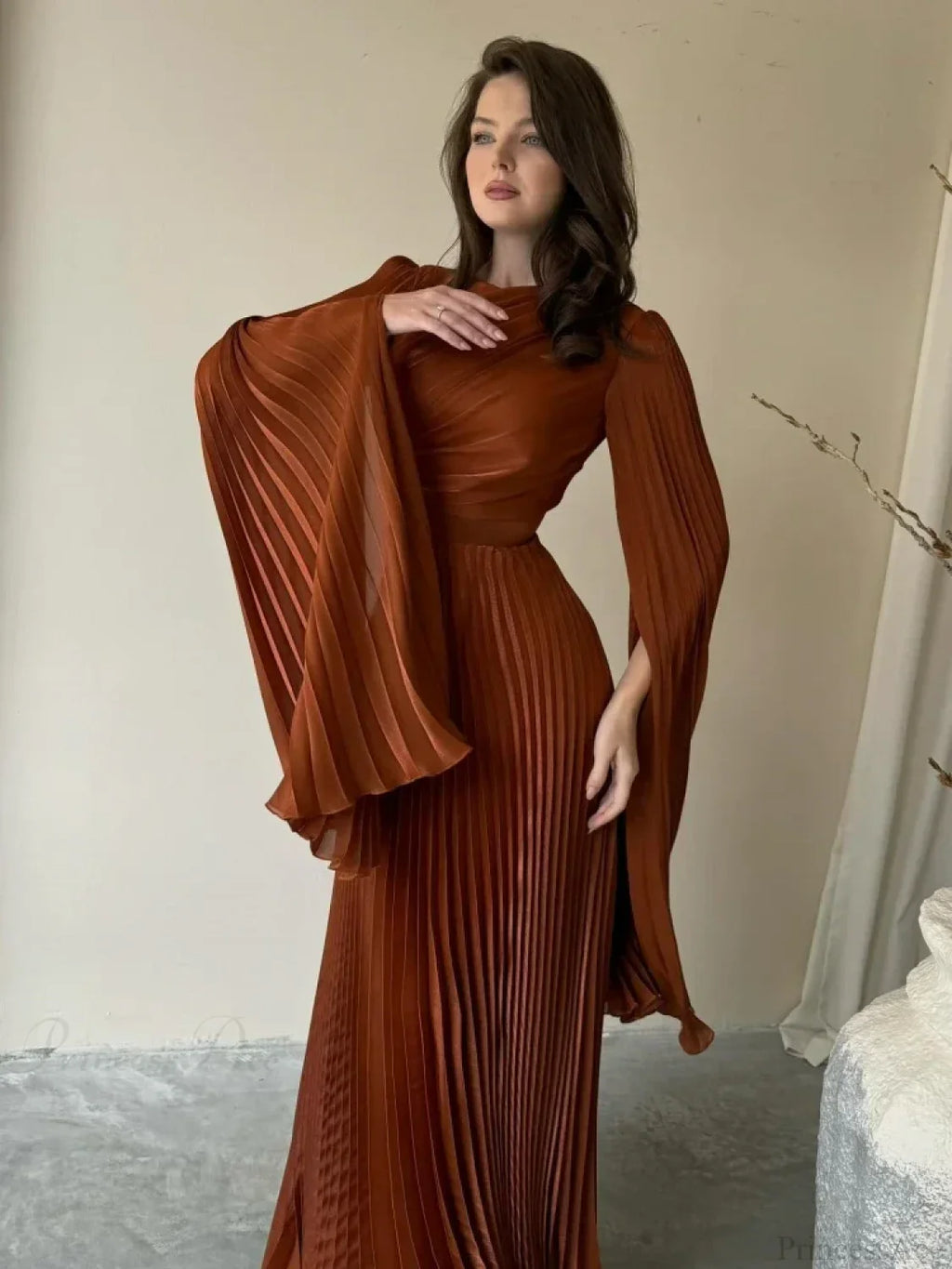 O Neck Batwing Sleeve Pleated Long Dress Women Rose Party