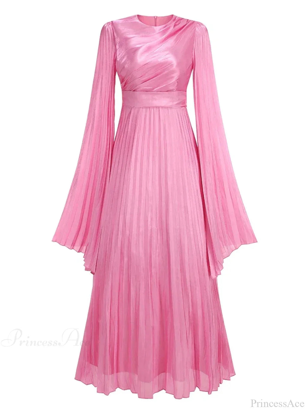 O Neck Batwing Sleeve Pleated Long Dress Women Rose Party