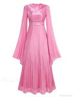 O Neck Batwing Sleeve Pleated Long Dress Women Rose Party