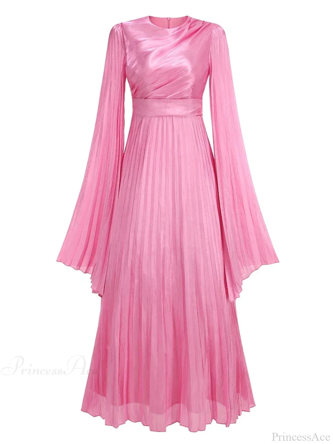 O Neck Batwing Sleeve Pleated Long Dress Women Rose Party