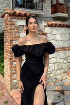 Off-Shoulder Ruffled Slit Party Dress
