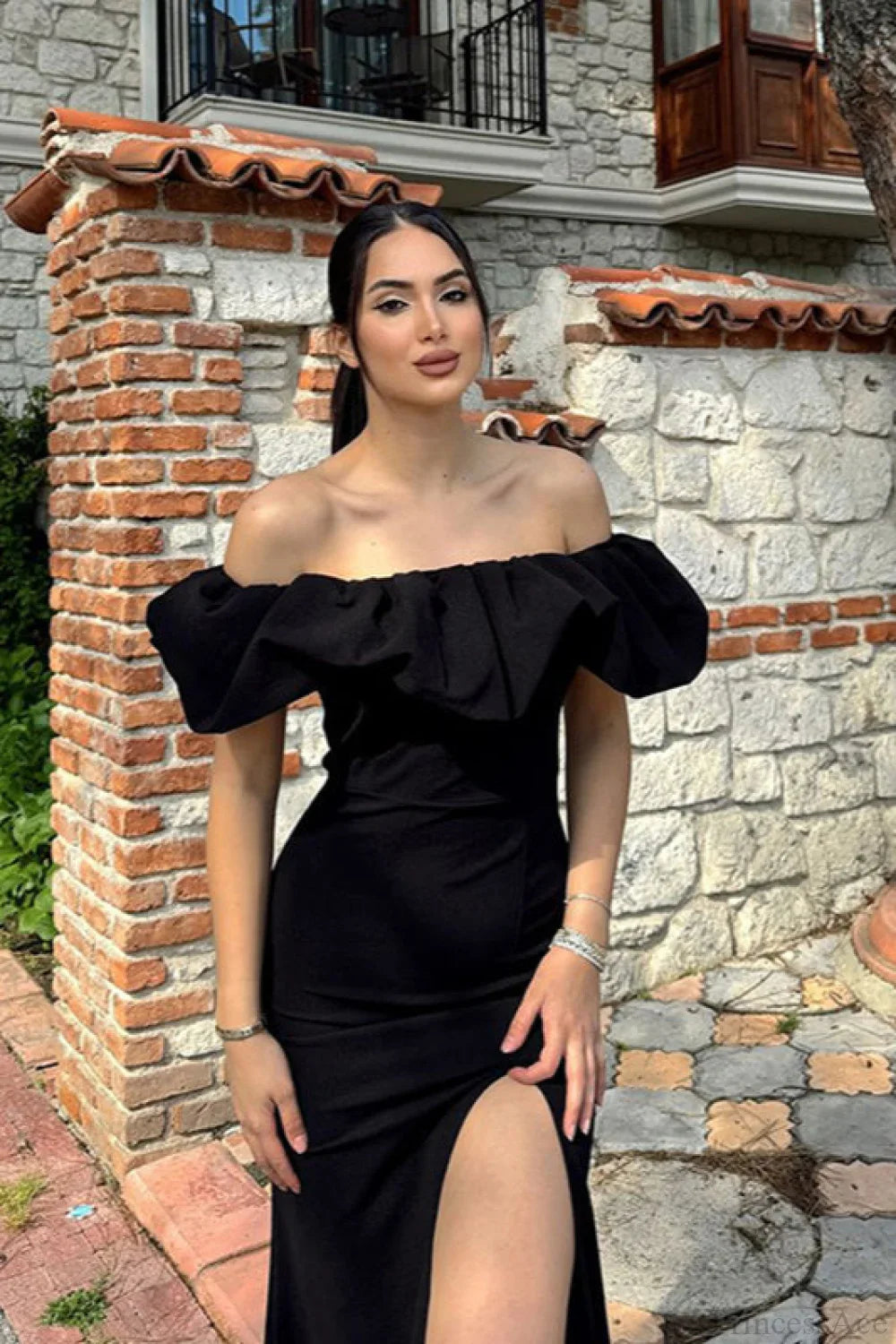 Off-Shoulder Ruffled Slit Party Dress