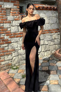 Off-Shoulder Ruffled Slit Party Dress