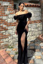 Off-Shoulder Ruffled Slit Party Dress