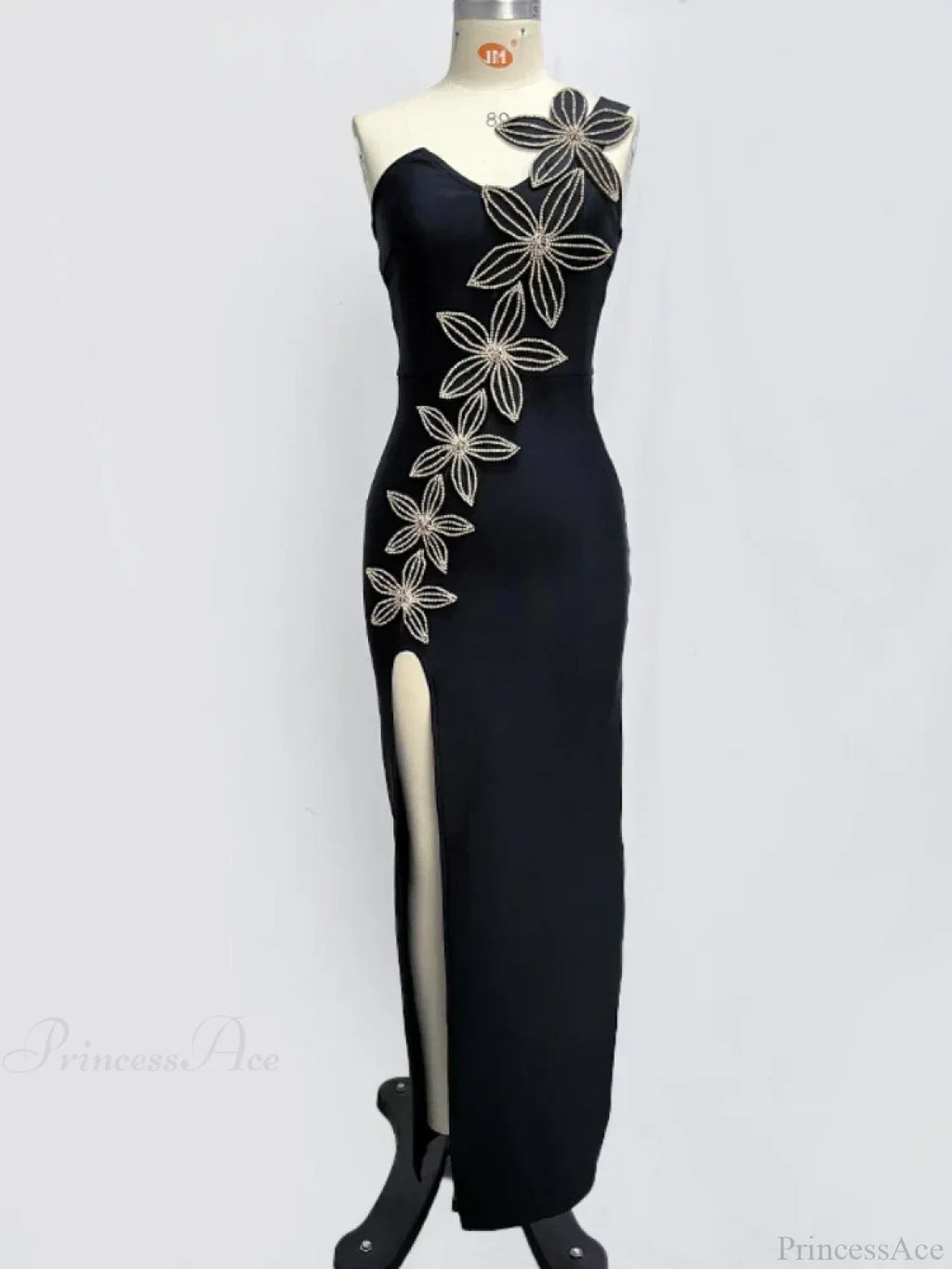 One Shoulder Sleeveless Diamonds Flower Bandage Black High Slit Party Dress