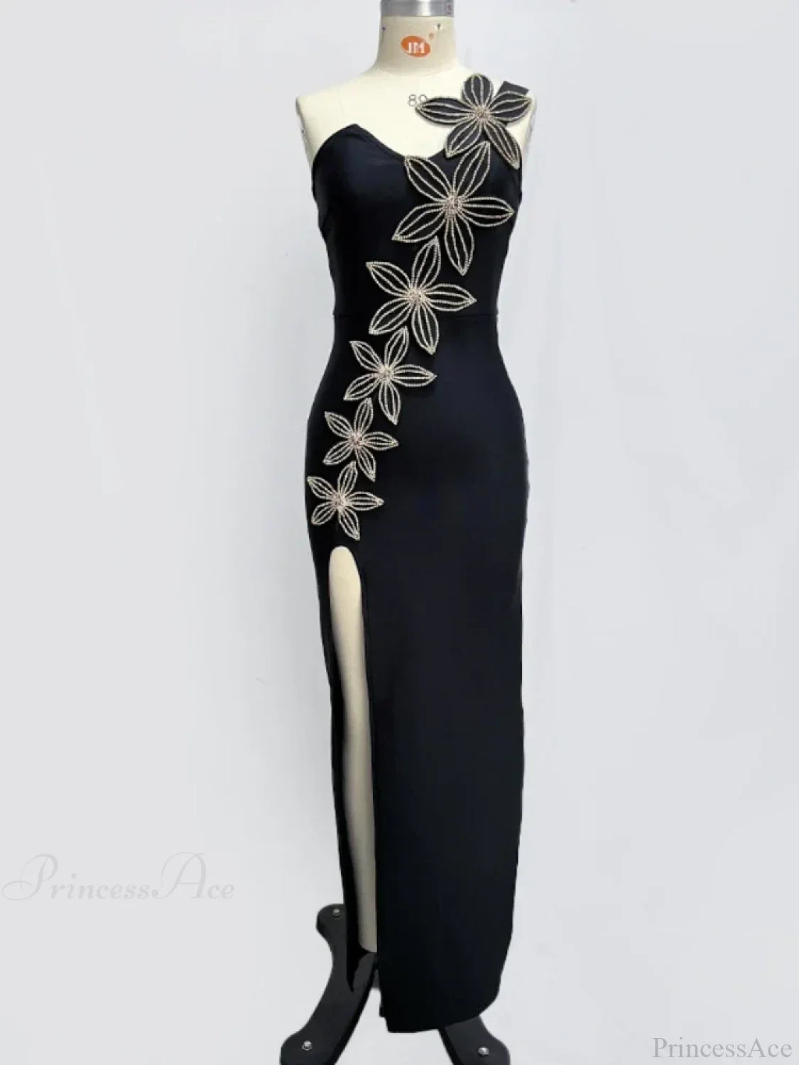 One Shoulder Sleeveless Diamonds Flower Bandage Black High Slit Party Dress