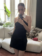 Patchwork Sleeveless Bandage Dress Black Backless Bodycon Mini Party
