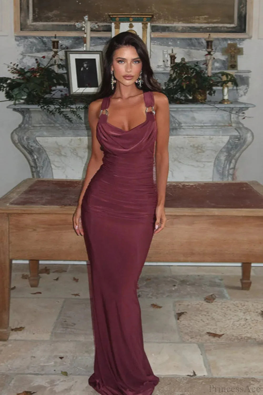 Peter Pan Halter Backless Bodycon Maxi Dress