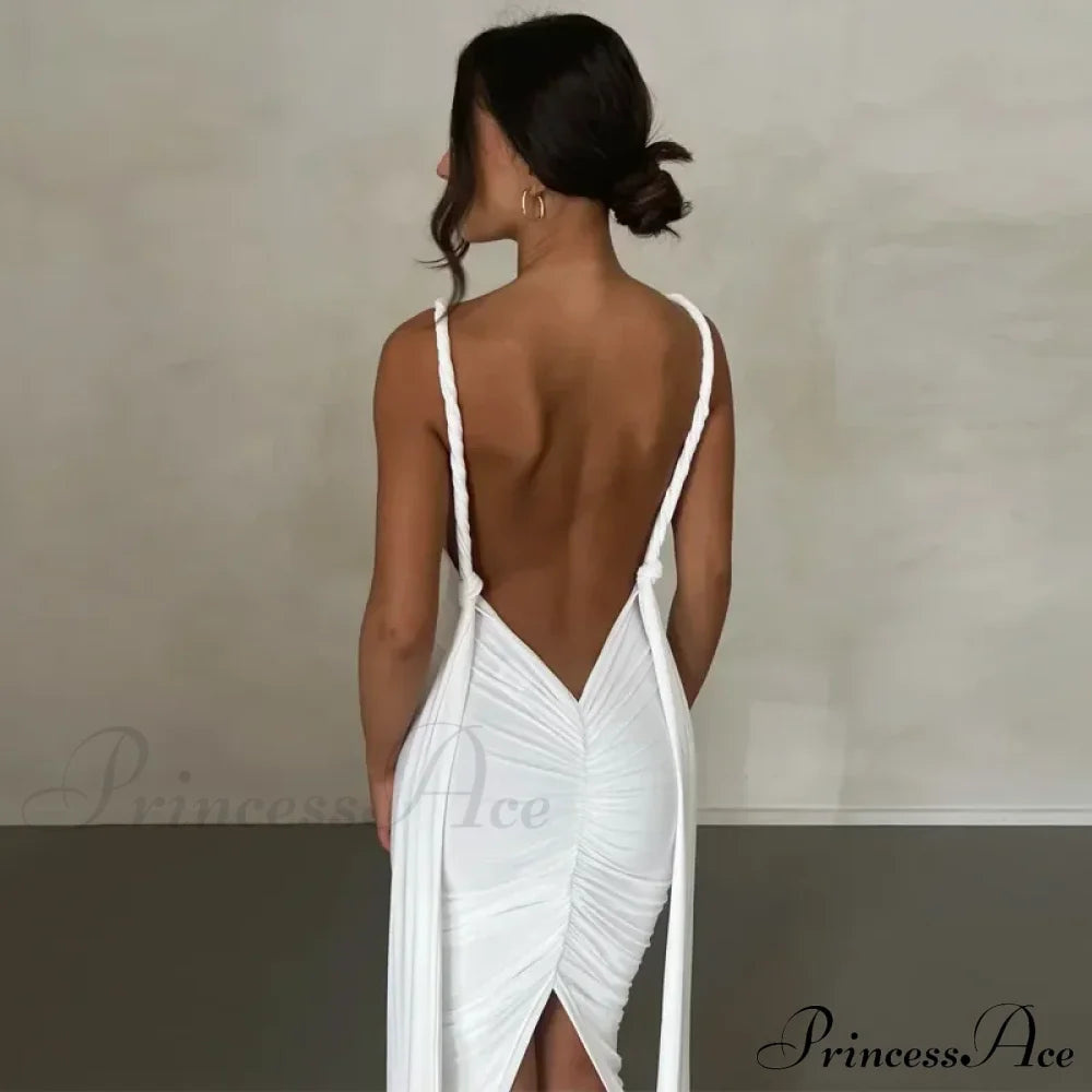 Plunge Deep V Neck Summer Club Party Sleeveless Ruched Slit Midi Dress
