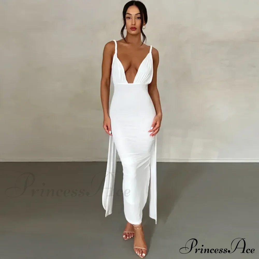 Plunge Deep V Neck Summer Club Party Sleeveless Ruched Slit Midi Dress