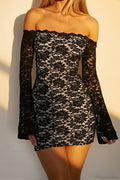 Sheer Lace Off Shoulder Long Sleeve Mini Dress