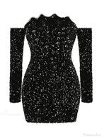 Slash Neck Long Sleeve Sparkling Sequins Dress Off Shoulder Party