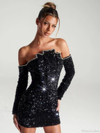 Slash Neck Long Sleeve Sparkling Sequins Dress Off Shoulder Party