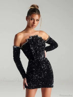Slash Neck Long Sleeve Sparkling Sequins Dress Off Shoulder Party