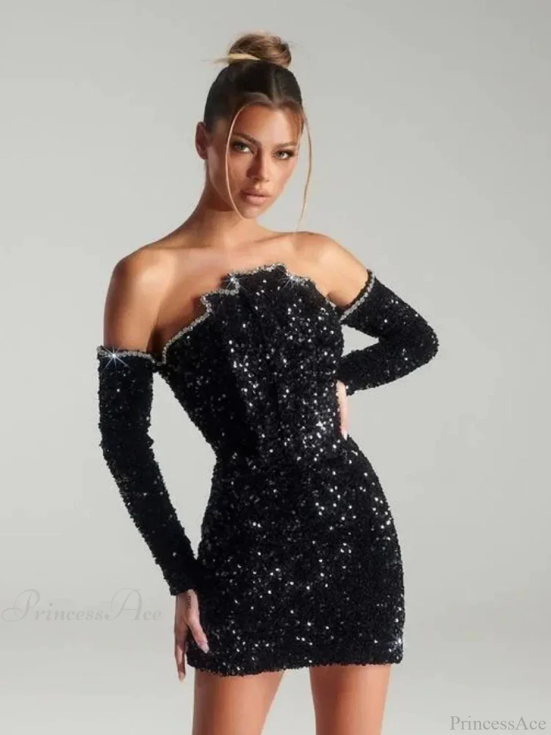 Slash Neck Long Sleeve Sparkling Sequins Dress Off Shoulder Party