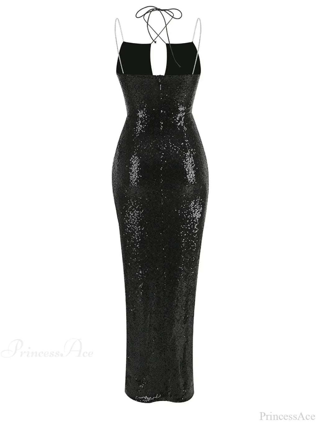 Sleeveless Cut Out Black Sequins Elegant Backless High Slit Party Dress