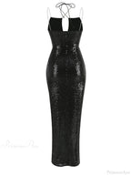 Sleeveless Cut Out Black Sequins Elegant Backless High Slit Party Dress