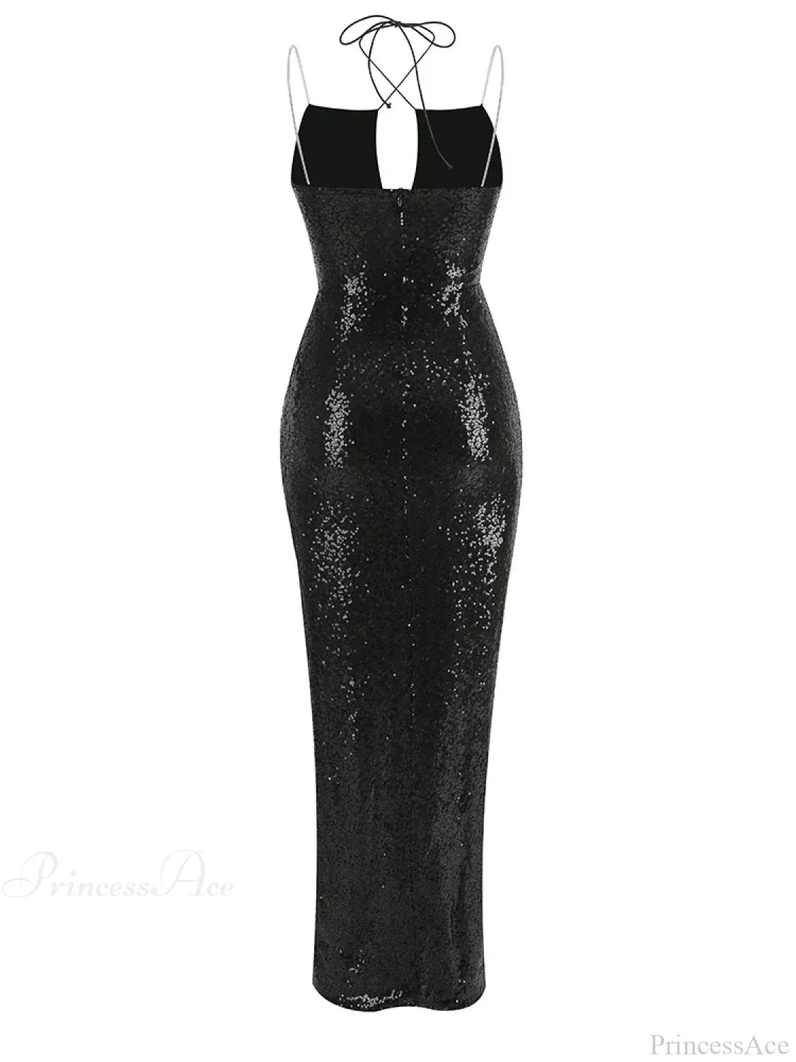 Sleeveless Cut Out Black Sequins Elegant Backless High Slit Party Dress