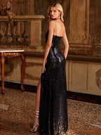 Sleeveless Cut Out Black Sequins Elegant Backless High Slit Party Dress