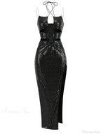Sleeveless Cut Out Black Sequins Elegant Backless High Slit Party Dress
