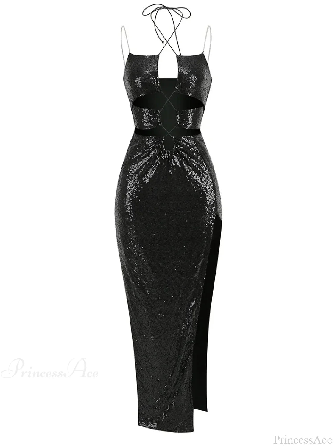 Sleeveless Cut Out Black Sequins Elegant Backless High Slit Party Dress