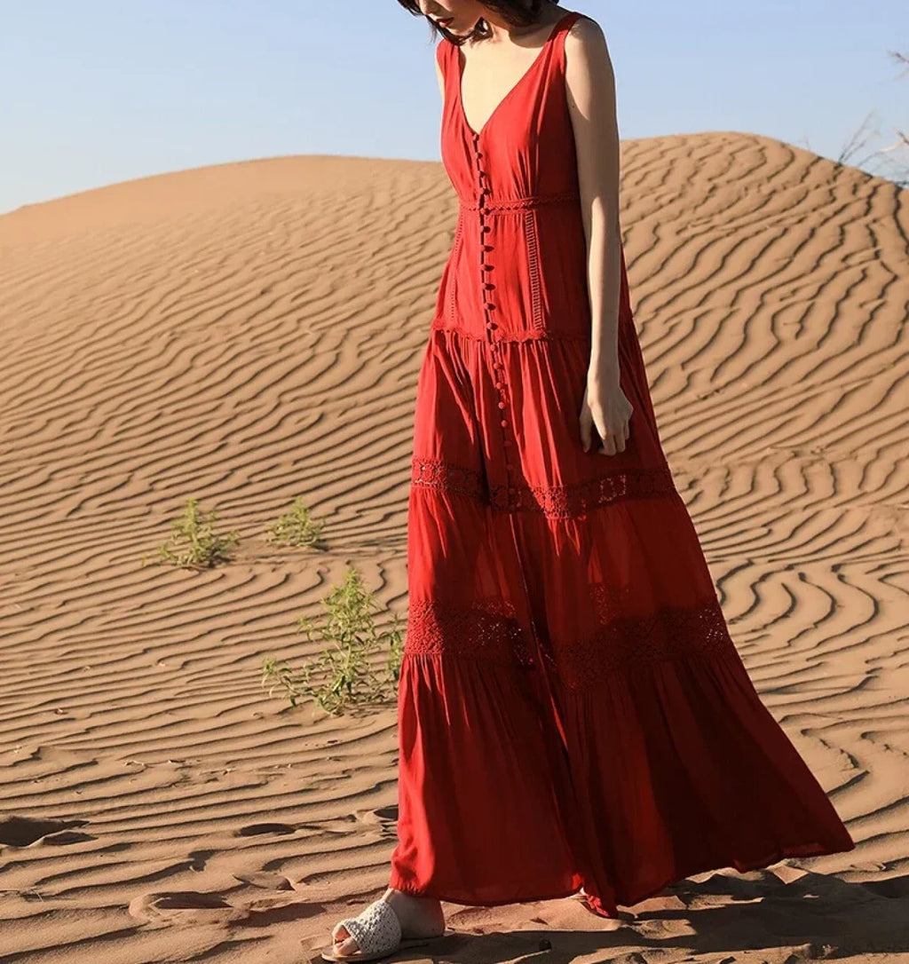 Sleeveless Deep V-Neck Tank Maxi Dress Cotton Long Summer