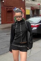 Solid Button Slim Round Neck Long Sleeve Tee