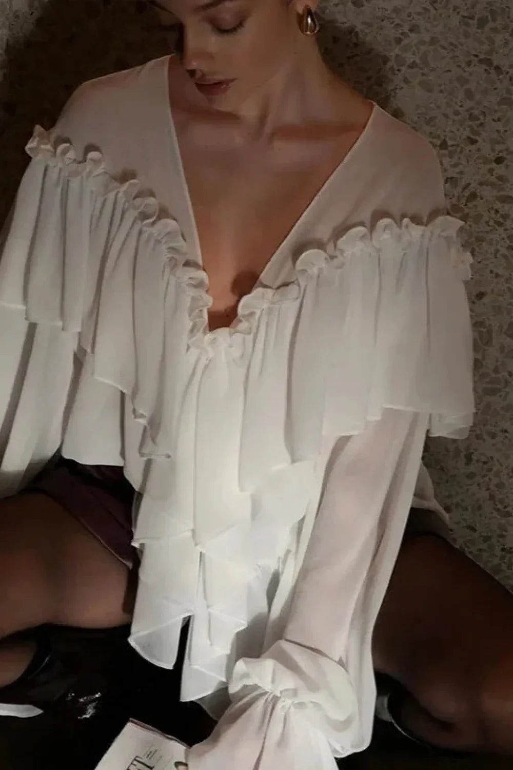 Solid Color Batwing Off-The-Shoulder Long Sleeve Blouse