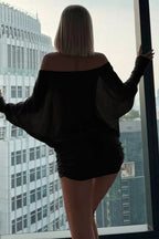 Solid Color Batwing Off-The-Shoulder Long Sleeve Blouse