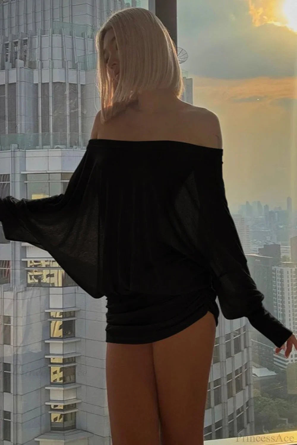 Solid Color Batwing Off-The-Shoulder Long Sleeve Blouse