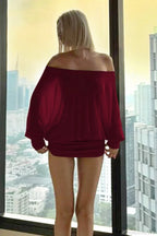 Solid Color Batwing Off-The-Shoulder Long Sleeve Blouse