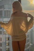 Solid Color Batwing Off-The-Shoulder Long Sleeve Blouse