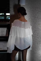 Solid Color Batwing Off-The-Shoulder Long Sleeve Blouse