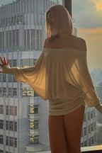 Solid Color Batwing Off-The-Shoulder Long Sleeve Blouse