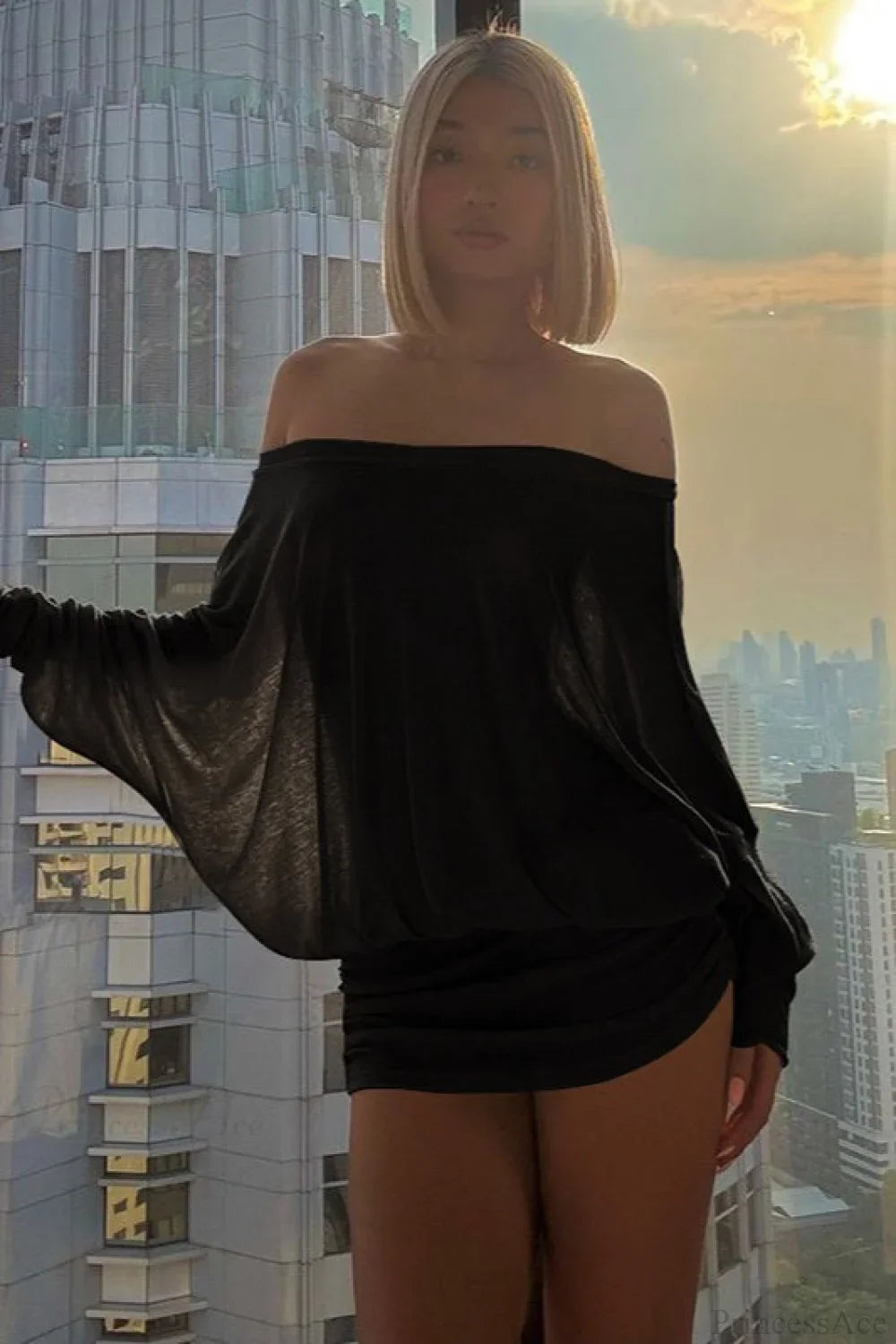Solid Color Batwing Off-The-Shoulder Long Sleeve Blouse