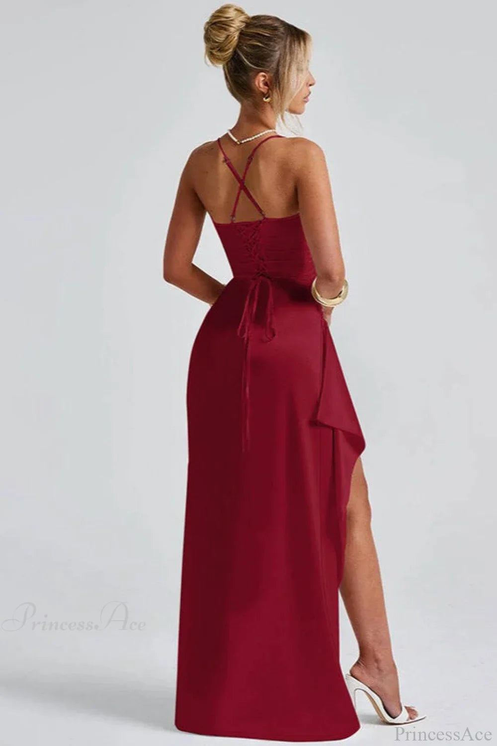 Solid Spaghetti Strap Back Tie Slit Evening Dress