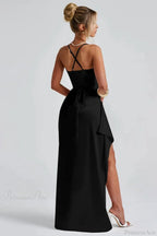 Solid Spaghetti Strap Back Tie Slit Evening Dress