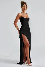 Solid Spaghetti Strap Back Tie Slit Evening Dress