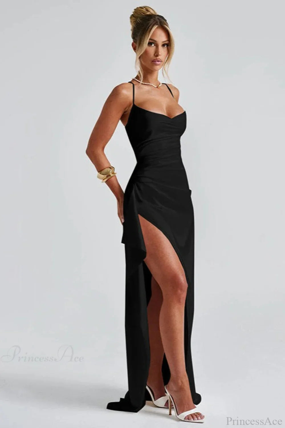 Solid Spaghetti Strap Back Tie Slit Evening Dress