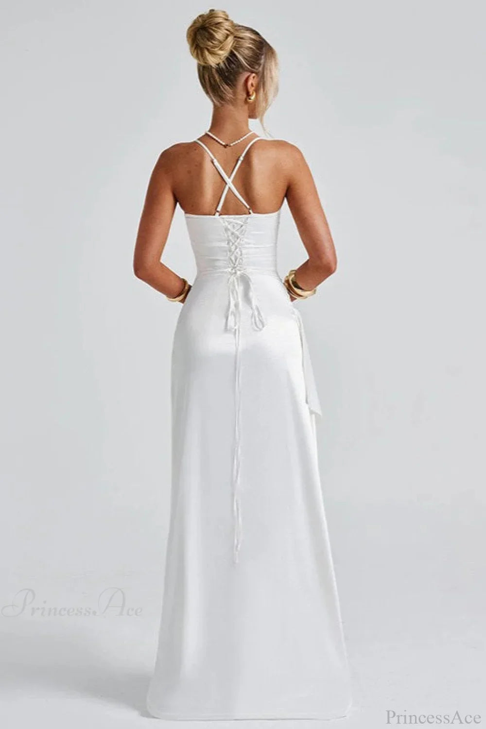 Solid Spaghetti Strap Back Tie Slit Evening Dress