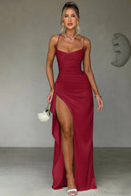 Solid Spaghetti Strap Back Tie Slit Evening Dress