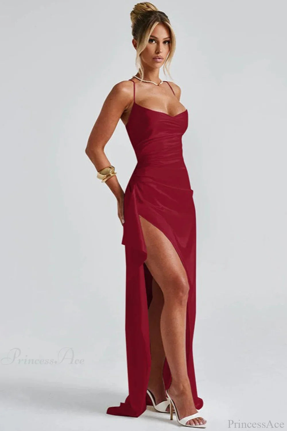 Solid Spaghetti Strap Back Tie Slit Evening Dress