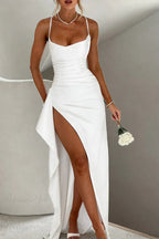Solid Spaghetti Strap Back Tie Slit Evening Dress