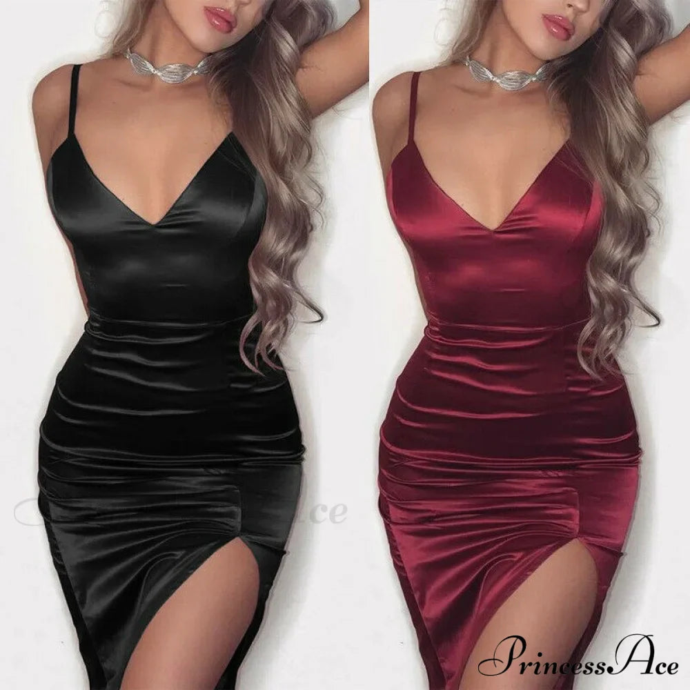 Solid V-Neck Bodycon Sleeveless Mini Dresses