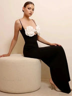 Spaghetti Strap 3D Flower Bandage Maxi Black Sleeveless Party Dress